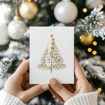 Closeup of a hand holding a christmas card with a golden tree drawing.の写真素材