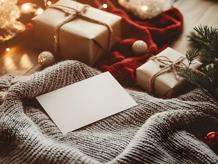 A white blank card mockup on a cozy knit blanket with festive Christmas decorations.の写真素材