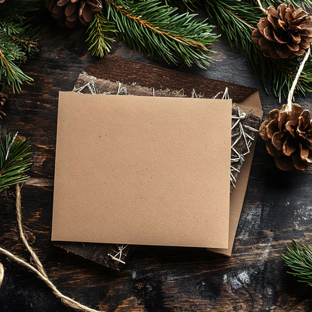 A rustic Christmas card mockup with pine branches and pine cones. The card is made of brown craft paper and has a natural texture. The image is perfect for showcasing holiday designs or creating a festive mood.の写真素材