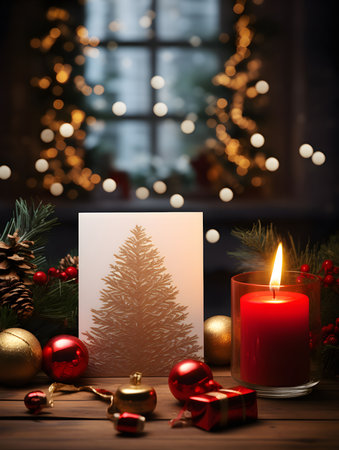 Close-up image of a Christmas card with a tree silhouette, surrounded by red and gold ornaments, a lit candle, and festive background lights. The image captures the warm and cozy atmosphere of Christmas.の写真素材