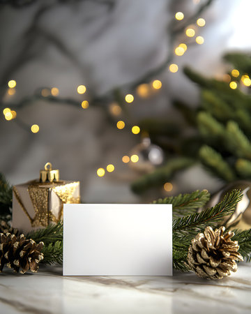 A white blank card sits on a marble surface with Christmas decorations and lights in the backgroundの写真素材