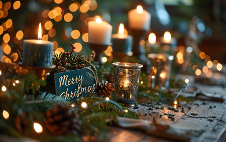 A festive Christmas table setting with candles, decorations, and warm lights, creating a cozy and inviting atmosphereの写真素材