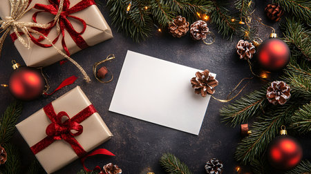 A flat lay of Christmas decorations, including gifts, ornaments, pine branches and a blank card,...
