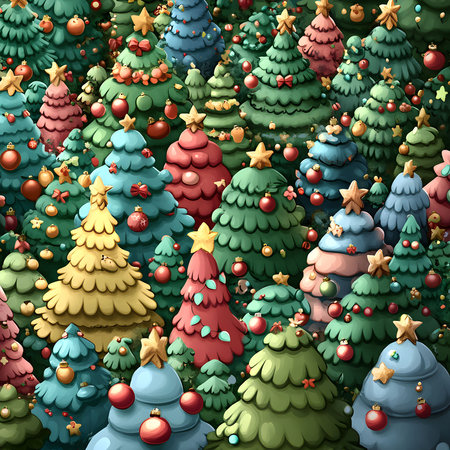 A vibrant illustration showcasing a whimsical forest of christmas trees adorned with colorful ornaments and decorations. The festive scene evokes cheer and joy, perfect for capturing the magic of the holiday season.の写真素材