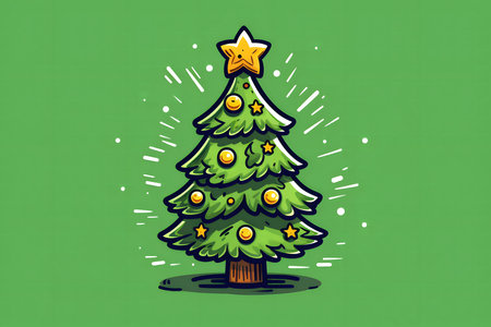 A Christmas tree illustration with decorations. The tree is green with a yellow star on top and gold ornaments. The background is green with a white outline around the tree.の写真素材