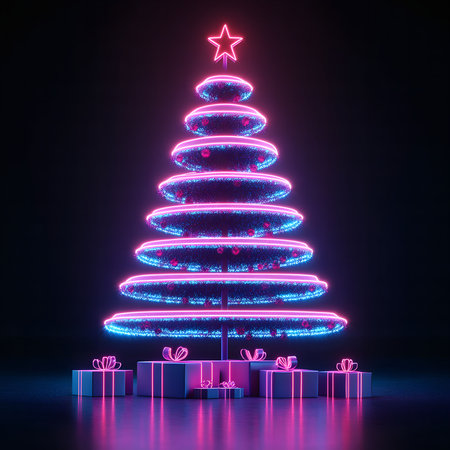 A stylized neon Christmas tree with presents glowing in the dark. It's perfect for a holiday card or a festive backdrop.の写真素材