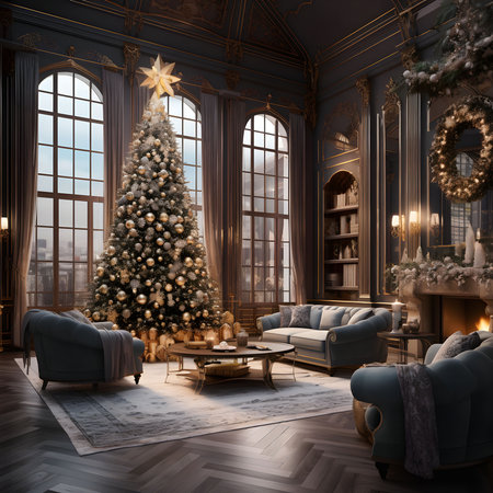 A stunning Christmas tree adorned with ornaments stands tall in a luxurious living room, illuminating the space with festive cheer. The room is decorated with classic elegance and features comfortable furniture, a fireplace, and large windows that let in natural light. The entire scene evokes a sense of warmth and holiday spirit.の写真素材