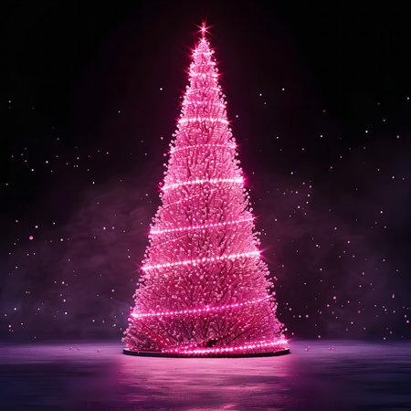 A vibrant pink Christmas tree illuminated with twinkling lights, standing tall against a dark, foggy backdrop. The atmosphere is festive and magical, capturing the essence of a joyous winter holiday.の写真素材