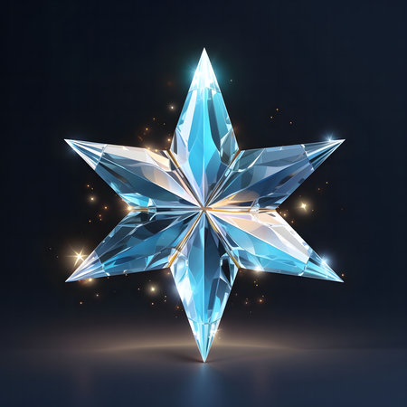 A sparkling crystal star shines brightly against a dark background.の写真素材