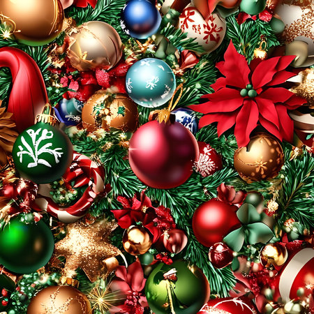 Close-up view of vibrant Christmas ornaments, showcasing rich colors and textures. Perfect for festive backgrounds or holiday greetings.の写真素材