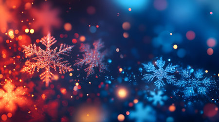 Stunning image of sparkling snowflakes, perfect for a winter holiday theme. Red and blue hues create a magical atmosphere.の写真素材