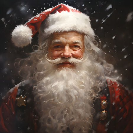 A heartwarming portrait of Santa Claus amidst a gentle snowfall, radiating Christmas cheer and holiday spirit.の写真素材