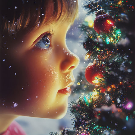 A young child gazes in wonder at a Christmas tree, a magical moment captured during the holidays.の写真素材