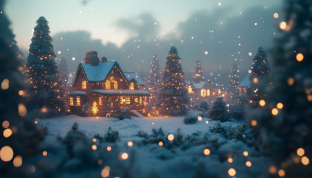 A picturesque Christmas house bathed in warm light, surrounded by snow-covered trees and falling snow. A magical winter scene.の写真素材