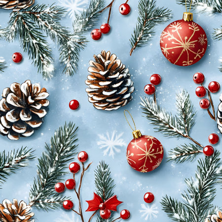 A charming Christmas pattern featuring pine cones, red ornaments, and snowy branches. Perfect for winter holidays.の写真素材