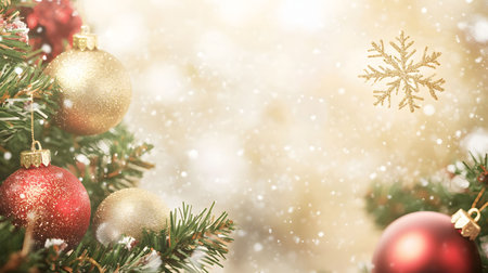 Close-up of a beautifully decorated Christmas tree, adorned with red and gold ornaments, covered in a soft layer of snow. A golden snowflake floats gracefully nearby.の写真素材