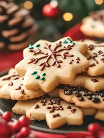 A closeup of a stack of star-shaped Christmas cookies, decorated with chocolate and sprinkles....