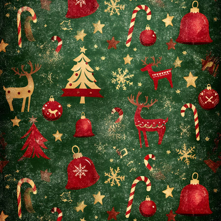 A charming vintage Christmas pattern featuring reindeer, Christmas trees, candy canes, bells, and ornaments on a rustic green background.の写真素材