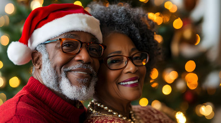 A heartwarming Christmas portrait of a joyful senior African American couple. They are smiling radiantly, embodying the spirit of the holidays.の写真素材