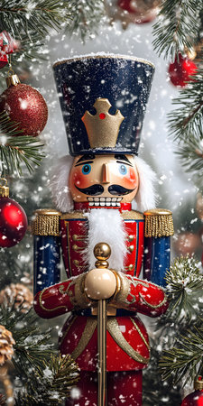 A beautifully crafted nutcracker stands amidst a snowy Christmas tree, surrounded by colorful ornaments. It evokes feelings of warmth, joy, and the spirit of the holiday season.の写真素材
