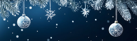 Elegant Christmas ornaments and snowflakes hanging from snowy branches. A festive winter scene.の写真素材