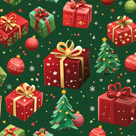 A cheerful Christmas pattern featuring red and green gifts, decorated Christmas trees, and festive ornaments on a dark green background.の写真素材