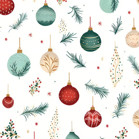 A charming Christmas seamless pattern featuring festive ornaments, pine sprigs, and berries. Perfect for holiday cards and wrapping paper.の写真素材