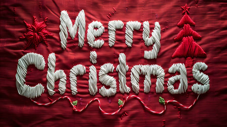 Festive handmade Christmas embroidery on red fabric. White thread spells 'Merry Christmas' with a...