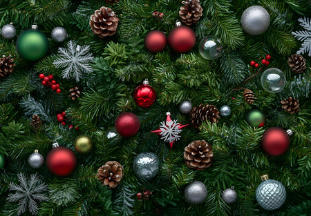 A lush arrangement of a Christmas tree adorned with red, green, and silver ornaments, pine cones,...