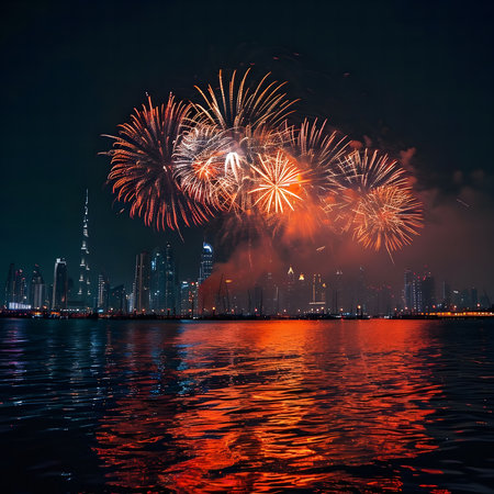 Vibrant fireworks illuminate the Dubai skyline during a nighttime celebration. The dazzling display is reflected in the calm waters.の写真素材