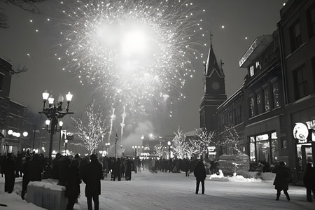 A breathtaking black and white photo of a vibrant fireworks show illuminating a snow-covered town...