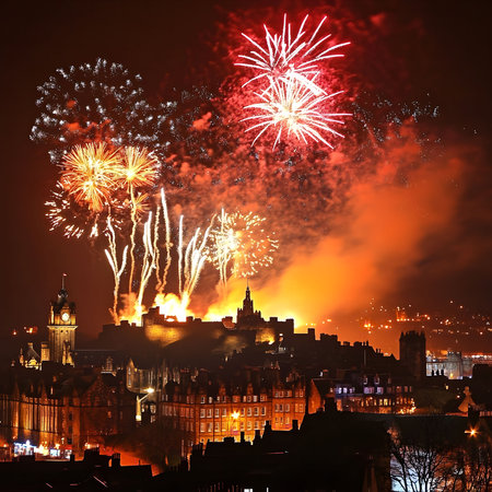 Stunning fireworks illuminate Edinburgh Castle during a vibrant New Year's celebration.の写真素材