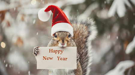 A charming squirrel wearing a Santa hat holds a Happy New Year sign in a snowy winter setting.の写真素材