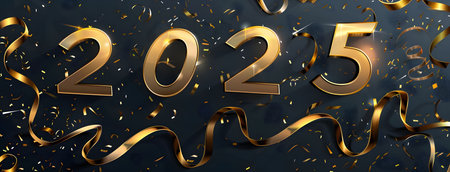 A dazzling New Year's greeting for 2025. Gold numbers, confetti, and ribbons.