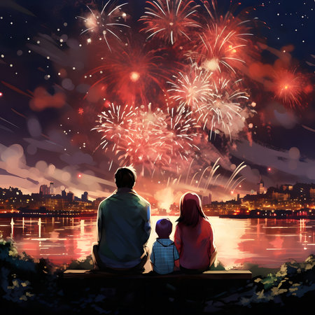 A family of three watches a vibrant fireworks display over a city at night. The scene is filled with joy and warmth.の写真素材