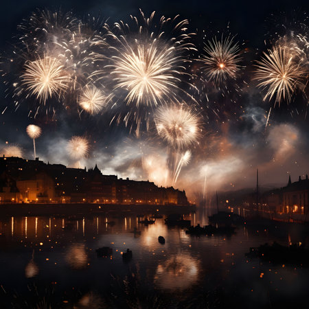 A breathtaking fireworks display illuminates the night sky over a picturesque city by the water. The vibrant colors and stunning spectacle create a magical atmosphere.の写真素材