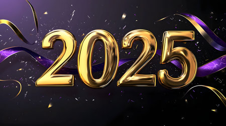 3D rendering of golden 2025 with purple ribbons and confetti.