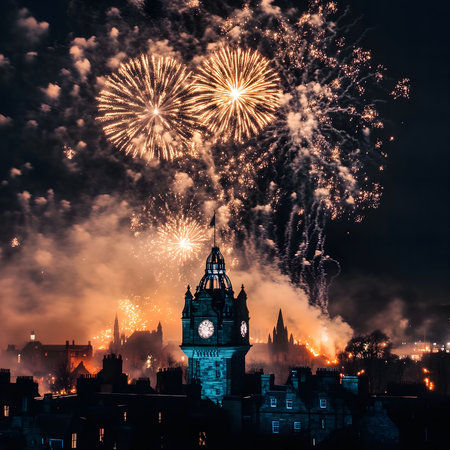 A mesmerizing fireworks show illuminates the Edinburgh skyline, with a grand clock tower as the centerpiece. A vibrant celebration captured at night.の写真素材