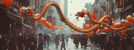 A giant golden dragon weaves through a busy Chinese street, filled with people celebrating a festival. Lanterns and festive decorations adorn the scene.の写真素材