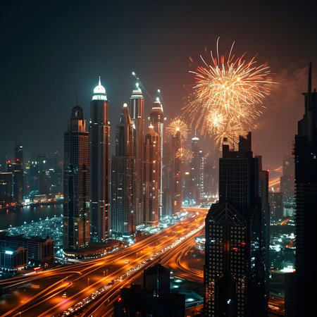 Stunning fireworks over the Dubai skyline at night. A vibrant display illuminates the city's towers.の写真素材