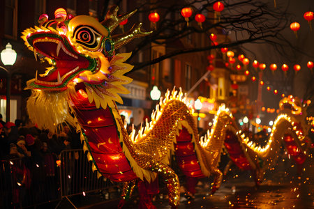 A vibrant illuminated dragon dance during a nighttime Lunar New Year parade. The scene is filled with festive lights and energy.の写真素材