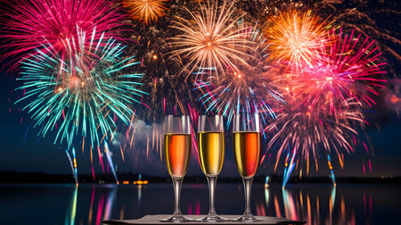 Three champagne glasses against a backdrop of vibrant fireworks over a lake. A perfect New Year's Eve scene!の写真素材