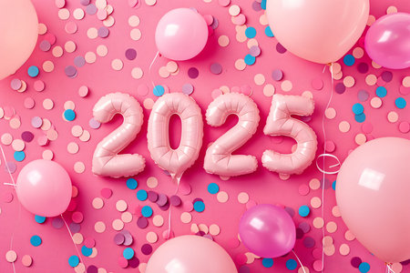 Pink balloons forming '2025' surrounded by confetti on a pink background. A cheerful New Year...