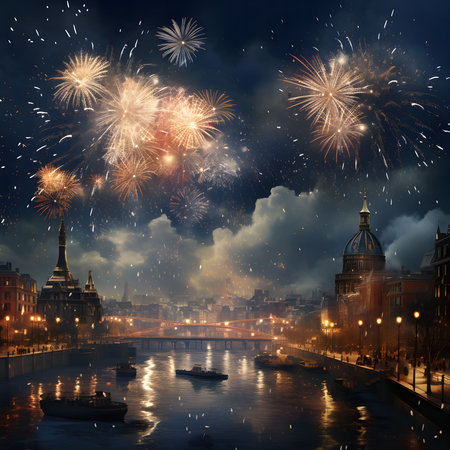 A vibrant New Year's Eve celebration with fireworks illuminating a city river at night. Stunning display above the river.の写真素材