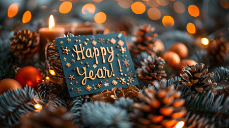 A cozy winter scene featuring a 'Happy New Year!' card surrounded by pine cones, warm lights, and...