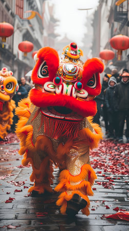 A stunning lion dance performance during Lunar New Year celebrations in a vibrant Chinatown street. The lion's costume is exquisite.の写真素材