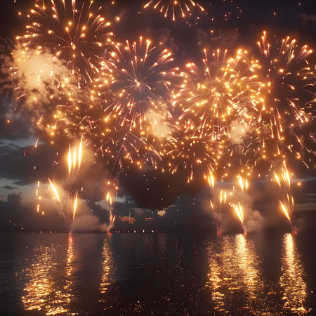 Stunning fireworks illuminate the night sky over calm water. A breathtaking display of light and...