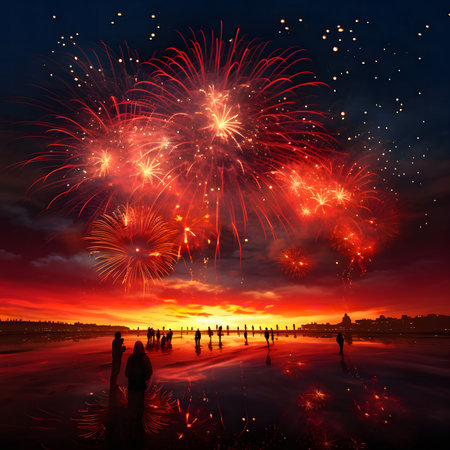 Stunning fireworks illuminate a tranquil lake at sunset, creating a magical and unforgettable scene....