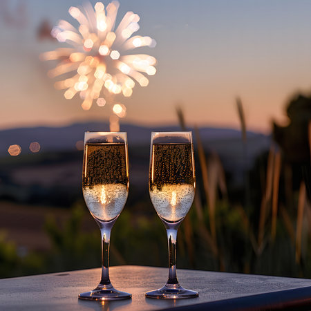 Two champagne flutes filled to the brim, against a breathtaking sunset backdrop with vibrant fireworks.の写真素材