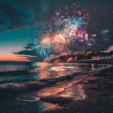 Stunning fireworks illuminate the night sky over a serene ocean beach. The vibrant colors reflect on...